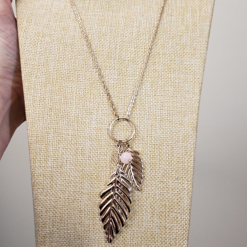 Express, rose gold long circle pink bead leaf pendant necklace, NWT